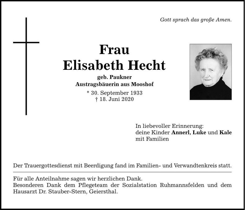 Traueranzeige Elisabeth Hecht