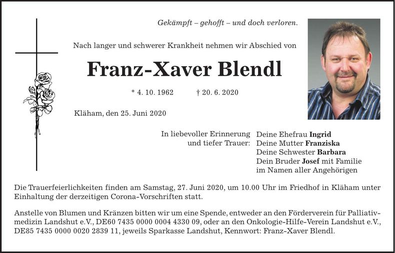 Traueranzeige Franz-Xaver Blendl