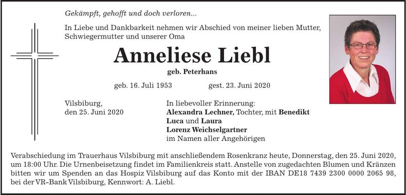 Traueranzeige Anneliese Liebl