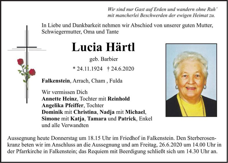 Traueranzeige Lucia Härtl
