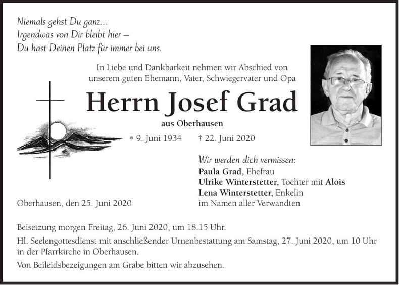 Traueranzeige Josef Grad