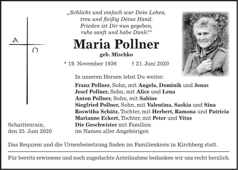 Traueranzeige Maria Pollner