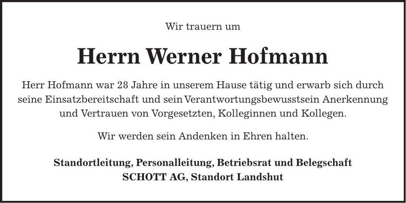 Traueranzeige Werner Hofmann