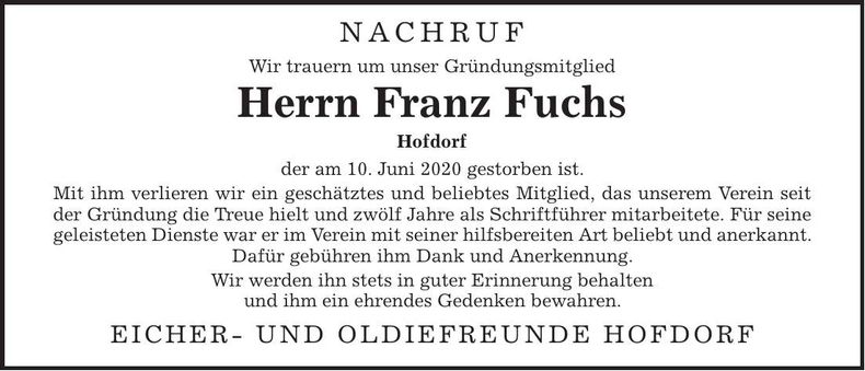 Traueranzeige Franz Fuchs