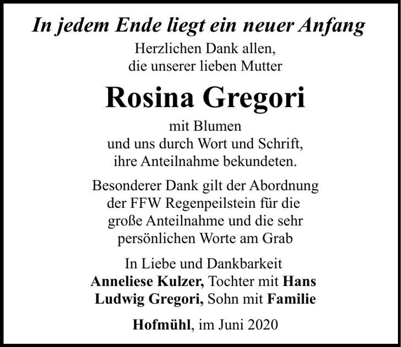 Traueranzeige Rosina Gregori