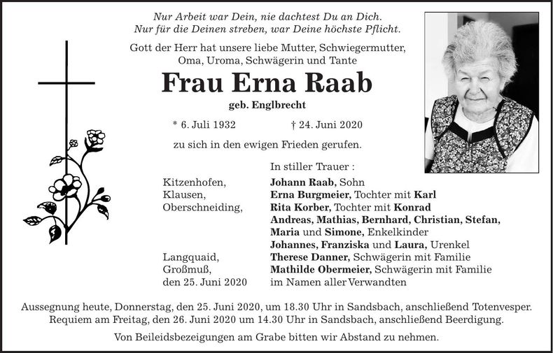 Traueranzeige Erna Raab
