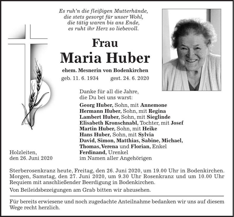 Traueranzeige Maria Huber