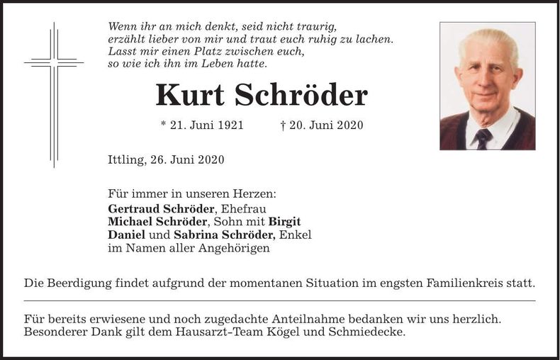 Traueranzeige Kurt Schröder