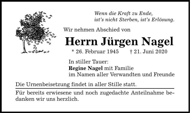 Traueranzeige Jürgen Nagel