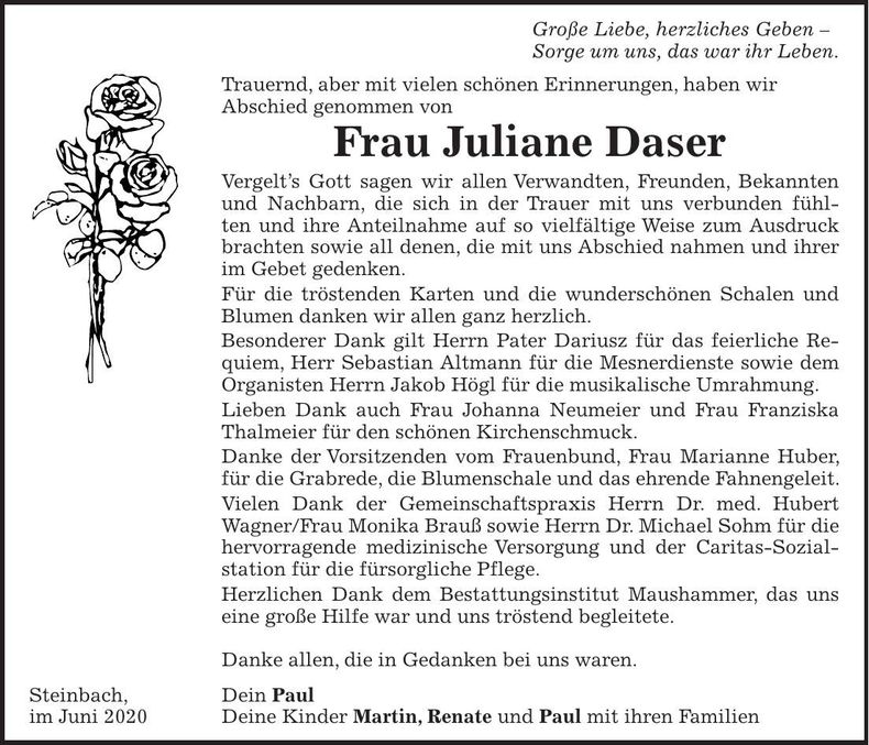 Traueranzeige Juliane Daser