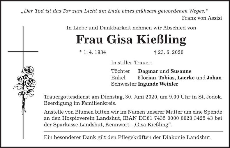 Traueranzeige Gisa Kießling