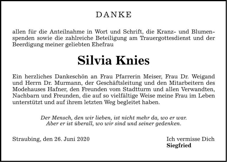 Traueranzeige Silvia Knies
