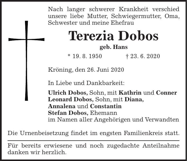 Traueranzeige Terezia Dobos