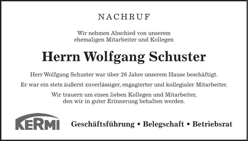 Traueranzeige Wolfgang Schuster