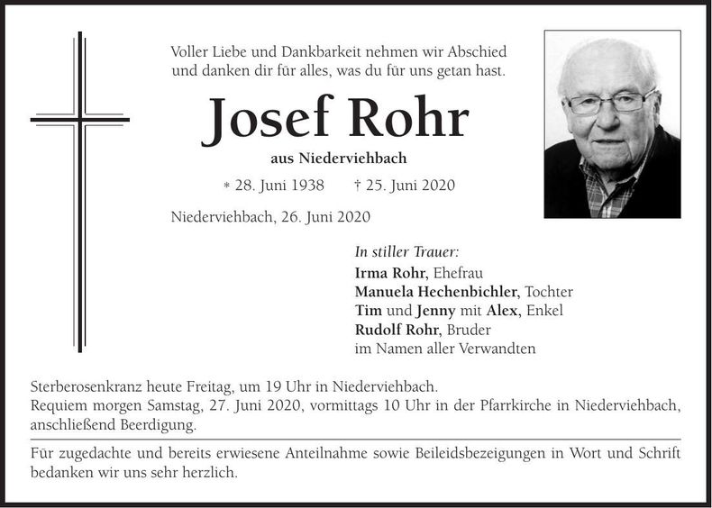 Traueranzeige Josef Rohr