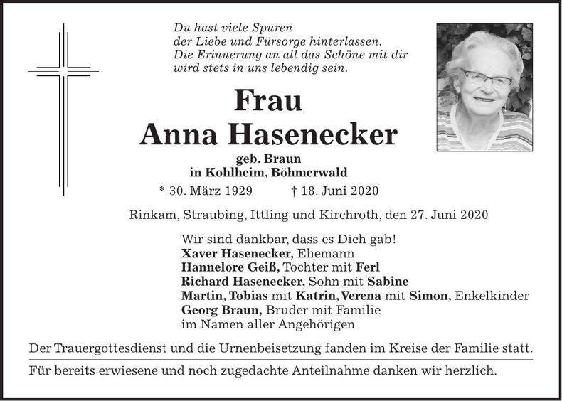 Traueranzeige Anna Hasenecker