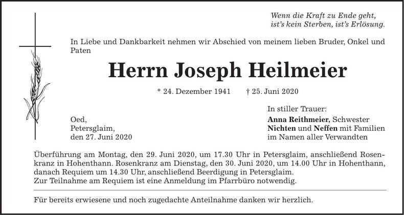 Traueranzeige Joseph Heilmeier