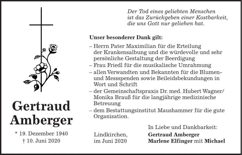 Traueranzeige Gertraud Amberger