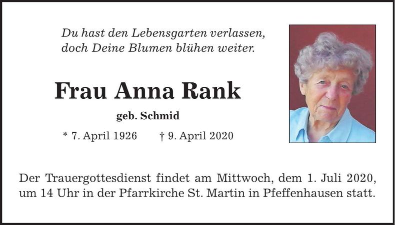 Traueranzeige Anna Rank