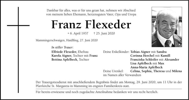 Traueranzeige Franz Flexeder