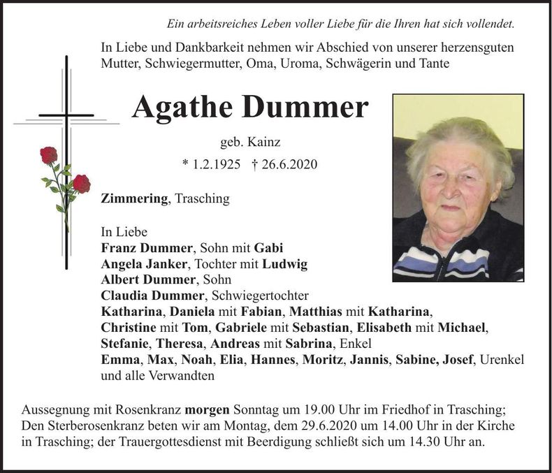 Traueranzeige Agathe Dummer