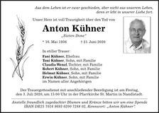 Traueranzeige Anton Kühner