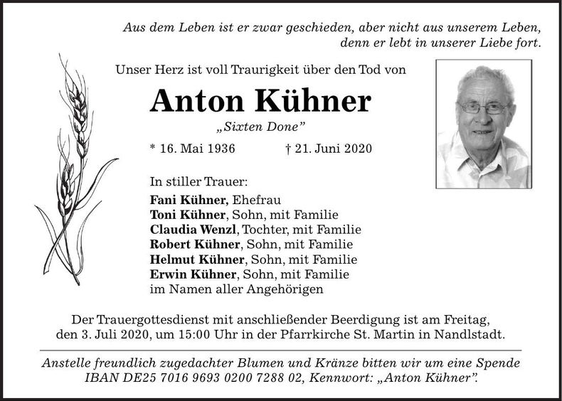 Traueranzeige Anton Kühner
