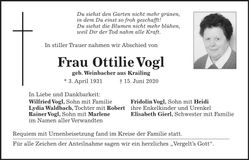 Traueranzeige Vogl Ottilie