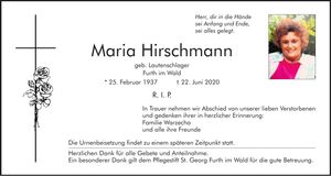 Traueranzeige Maria Hirschmann