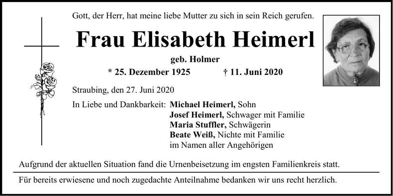 Traueranzeige Elisabeth Heimerl