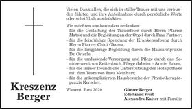 Traueranzeige Kreszenz Berger