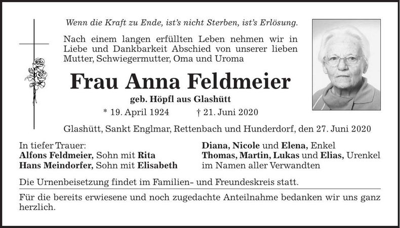 Traueranzeige Feldmeier Anna