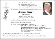 Traueranzeige Anna Kurz