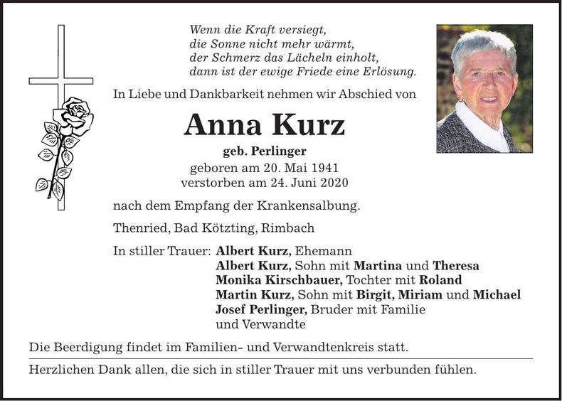 Traueranzeige Anna Kurz