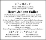 Traueranzeige Johann Saller