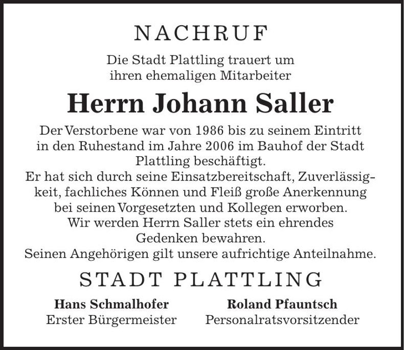 Traueranzeige Johann Saller