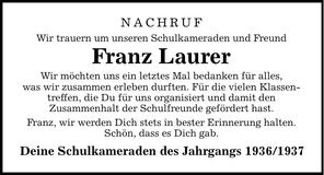 Traueranzeige Franz Laurer
