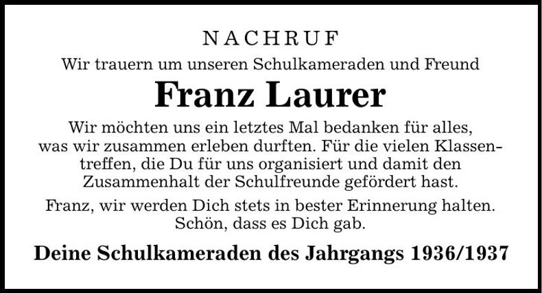Traueranzeige Franz Laurer