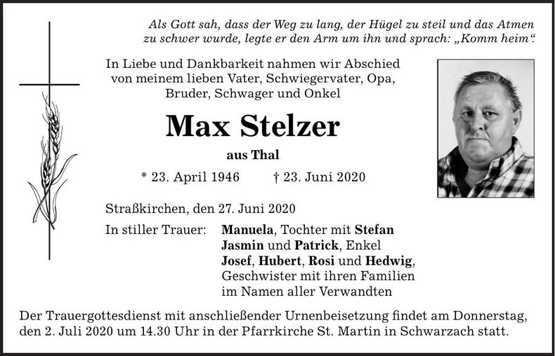 Traueranzeige Max Stelzer