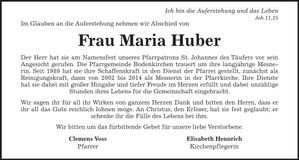 Traueranzeige Maria Huber