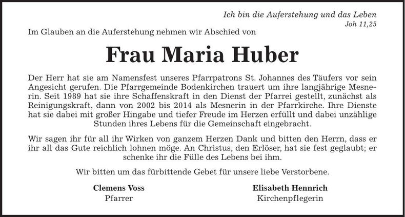 Traueranzeige Maria Huber