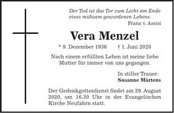 Traueranzeige Vera Menzel