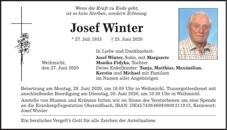 Traueranzeige Josef Winter
