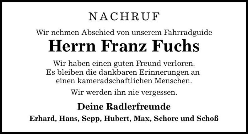 Traueranzeige Franz Fuchs