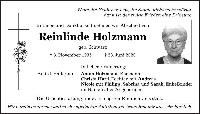 Traueranzeige Reinlinde Holzmann