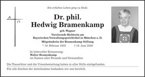 Traueranzeige Hedwig Dr. phil. Bramenkamp