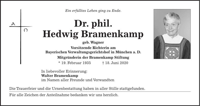 Traueranzeige Hedwig Dr. phil. Bramenkamp