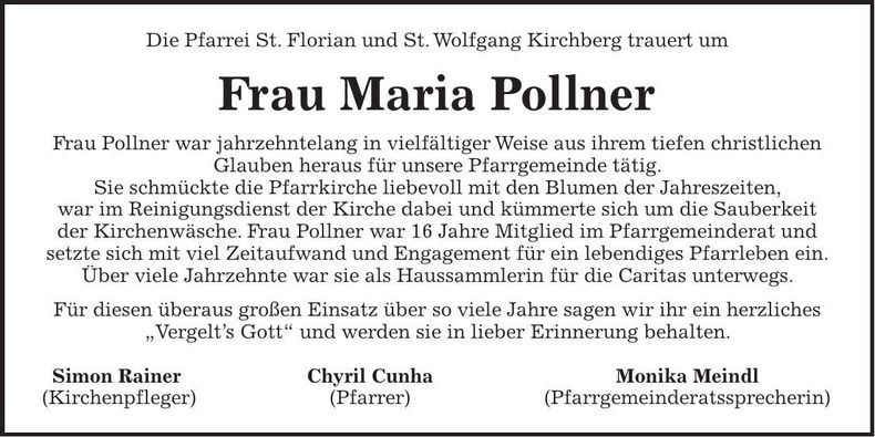 Traueranzeige Maria Pollner