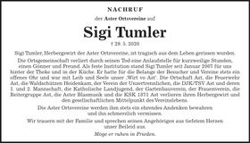 Traueranzeige Sigi Tumler