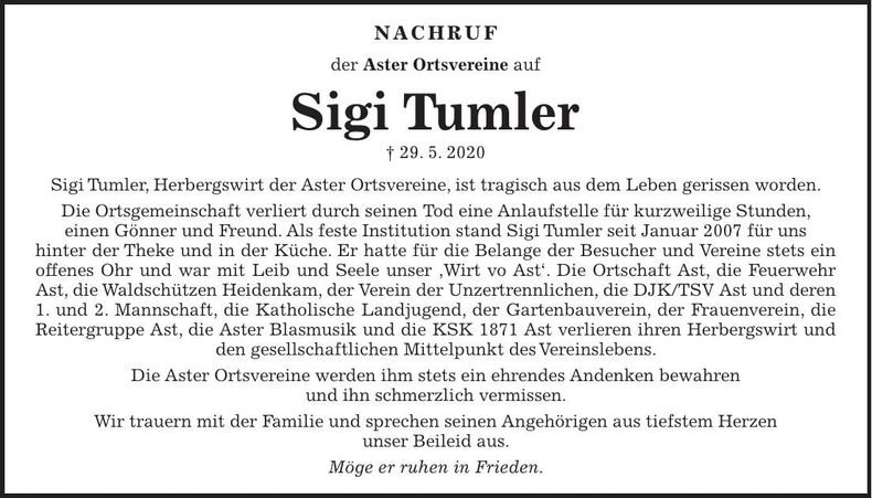 Traueranzeige Sigi Tumler